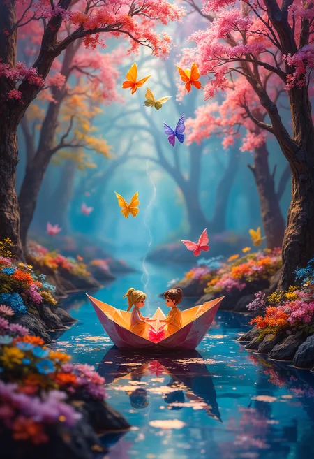 Origami, a paper boat with a paper couple sails through a colorful origami creek, origami world, tiny origami colorful butterflies, vibrant glow