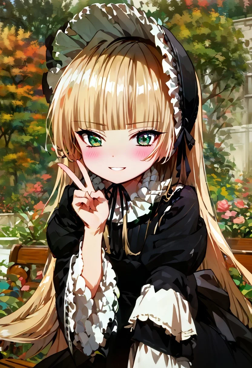 score_9, score_8_up, score_7_up, source_anime, 1girl, solo, flat chest, blush, victorique de blois, blonde hair,long hair,blunt bangs,green eyes,black bonnet, hairband,chin strap, gothic, black dress, long dress, ribbon, frills,pantyhose,black shoes, blush, (v), v over mouth, smile, teeth, leaning forward, bent over, outdoor, highly detailed, tree, garden, wooden bench,