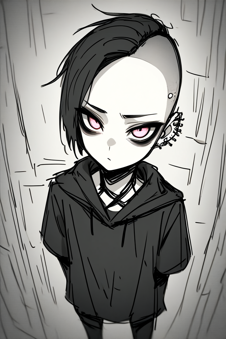1man, isometric, seen from above, gothic_glittercore, shaved head, flipped finger, fisheye lense, cute, muted color, 
gothic_glittercore, illustration, anime, sketch