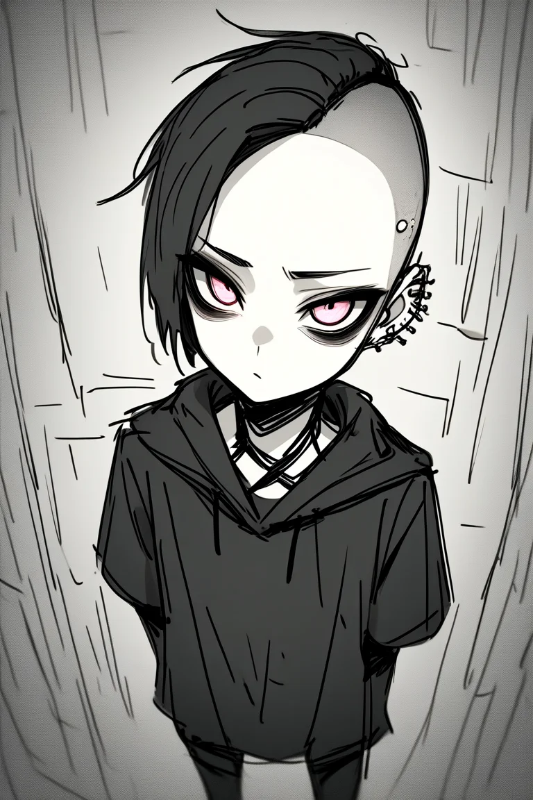 1man, isometric, seen from above, gothic_glittercore, shaved head, flipped finger, fisheye lense, cute, muted color, 
gothic_glittercore, illustration, anime, sketch