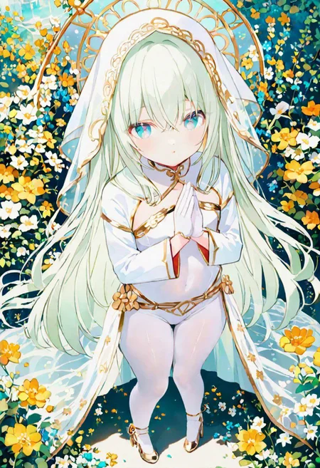 Best quality, masterpiece, fantasy flower garden, view from above, one petit priestess girl with flat chest, shining hands bound in prayer, standing upright, detailed light green long loose hair, priestess' veil, cute smooth face, gentle smile, detailed light blue eyes, detailed make up, jewelry, pure white clothes, shawl, white turtleneck leotard with long sleeves and gloves, slim waist, slim belly, thick clavicle, micro skirt, thick hips, thick thighs, white tights, heels