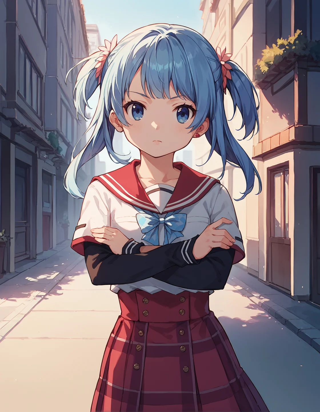 score_9, score_8_up, score_7_up, score_6_up, girl standing in street with hands crossed, source_anime, 1girl, masterpiece, best quality, cinematic lighting, upper body, medium shot, mgrcminamirena, blue hair, short twintails, blue eyes, pink hairpins, single red earring, white shirt, red sailor collar, long black sleeves, blue checkered bowtie, red striped skirt, dynamic pose, hand on cheek, outdoors, city, street, standing, hands crossed, (serious:0.8), <lora:mgrcminamirena_XL:0.9>
