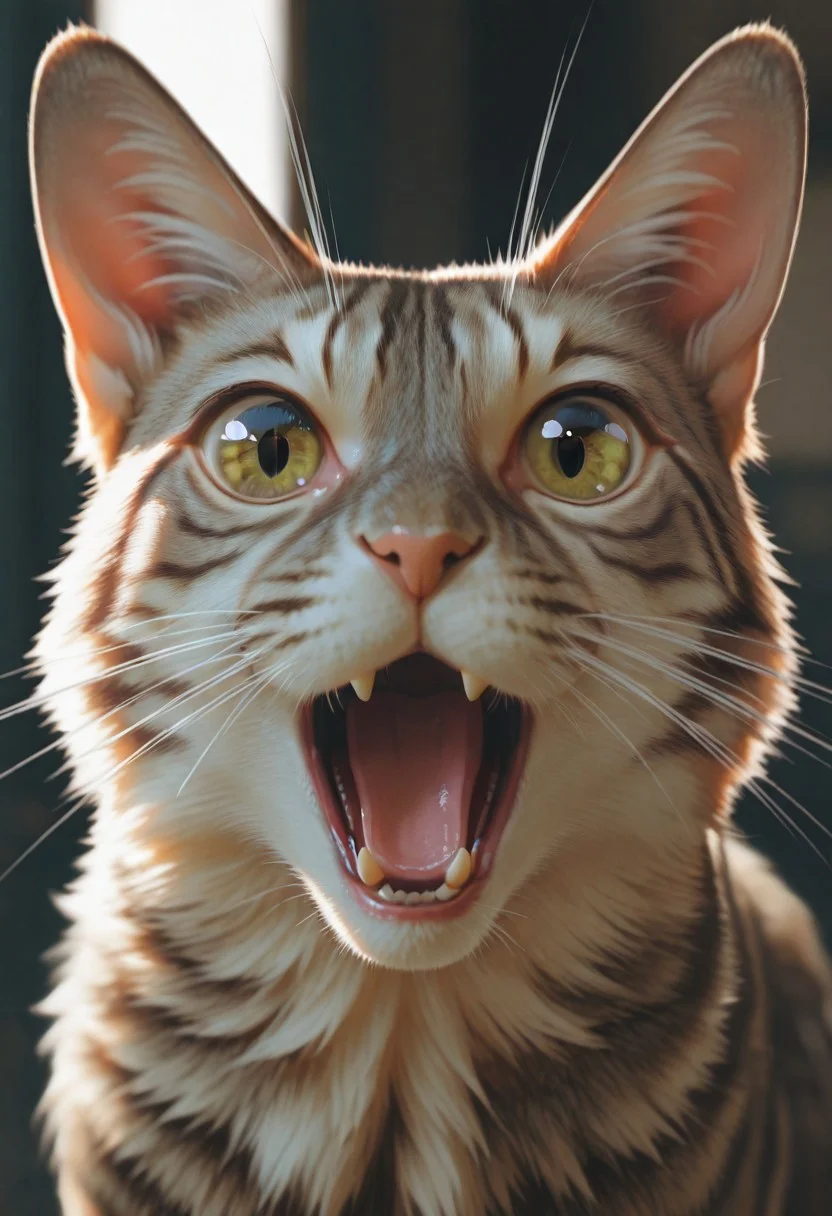masterpiece, best quality, intricate details, very aesthetic, absurdres, newest, depth of field, cinematic lighting, dramatic lighting, (blurred background), ((animal focus, grey cat, looking at viewer, surprised, no humans, open mouth, realistic, fish eye, straight-on )), fangs, shocked cat \(meme\), tabby cat, whiskers, wide-eyed