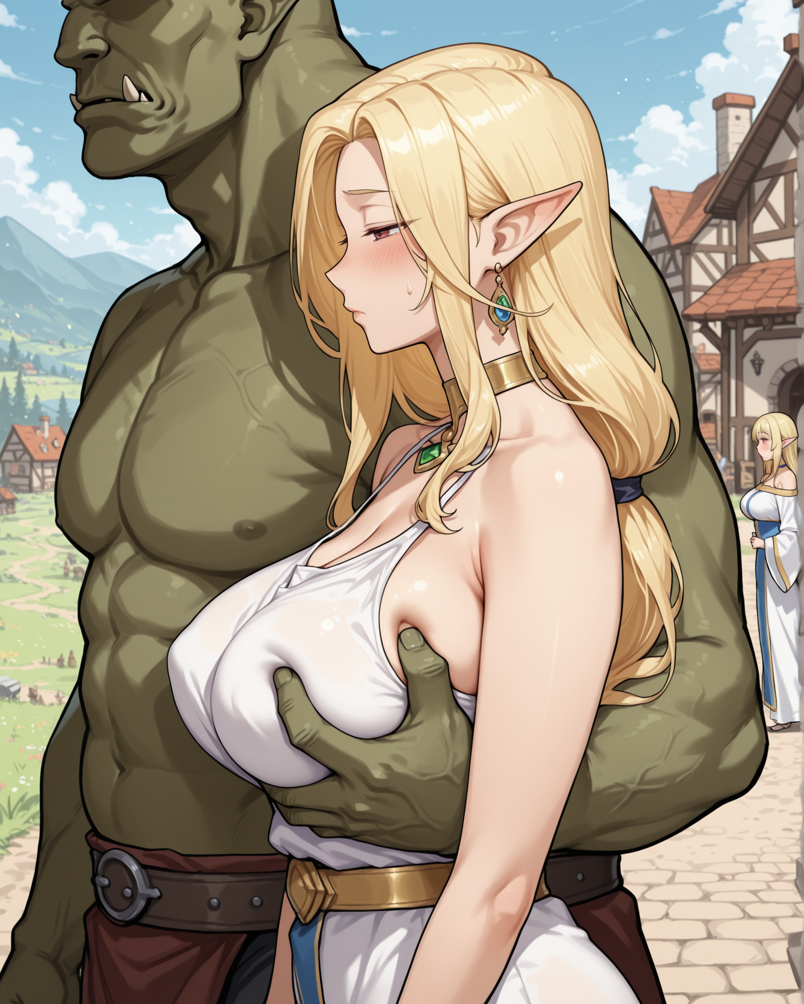masterpiece, best quality, side_view_two_character, 1girl, long hair, milf, mature female, blonde hair, half-closed eyes, large breasts, bare shoulders, bare arms, outdoors, village, fantasy, priestess, robe, silks, blush, gold choker, netorare, heroine in trouble, cheating (relationship), earrings, skindentation, from side, breast grab, 1boy, faceless male, size difference, male face out of frame, side view, profile, upper body, walking, female foreground, male background, walking side by side, male orc, female elf, <lora:Side_view_two_character_hand_on_anothers_shoulderbreast_grabass_grabhand_on_anothers_waist_Illustrious:1>, pointy ears,