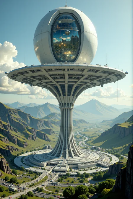 <lora:Legacy_of_the_forerunners_v.2:0.8>
Suspended above a sprawling futuristic metropolis at the base of snow-capped volcanic peaks, a monumental spherical structure of flawless symmetry and advanced engineering hovers with gravity-defying grace, held aloft by a colossal ringed pedestal embedded into a vast circular complex. The orb, constructed from sleek white composites and semi-transparent panels, reveals a glimpse into its luminous interiorâa cathedral-like atrium of concentric platforms, radiant energy conduits, and suspended galleries, all bathed in an ethereal silvery glow. Its exoskeletal frame curves with biomechanical precision, integrating hexagonal and triangular motifs that evoke both structural integrity and organic elegance. The base features radial extensions that anchor it into the surrounding city, their smooth forms intersected with transportation arteries and layered infrastructure, creating a seamless integration between architecture and civic design. Advanced aerospace vehicles orbit the station, emphasizing its function as a nexus of technological power and scientific endeavor. Atmospheric lighting is crisp and clear, with early morning sun casting long, soft shadows across the agricultural grid and the undulating terrain below. Captured from an elevated mid-range vantage using a wide-angle lens, the image delivers a balanced sense of monumental scale and geometric order, merging ultra-futuristic architectural visualization with grounded environmental realism in a style reminiscent of hyper-detailed matte paintings and photorealistic concept art.