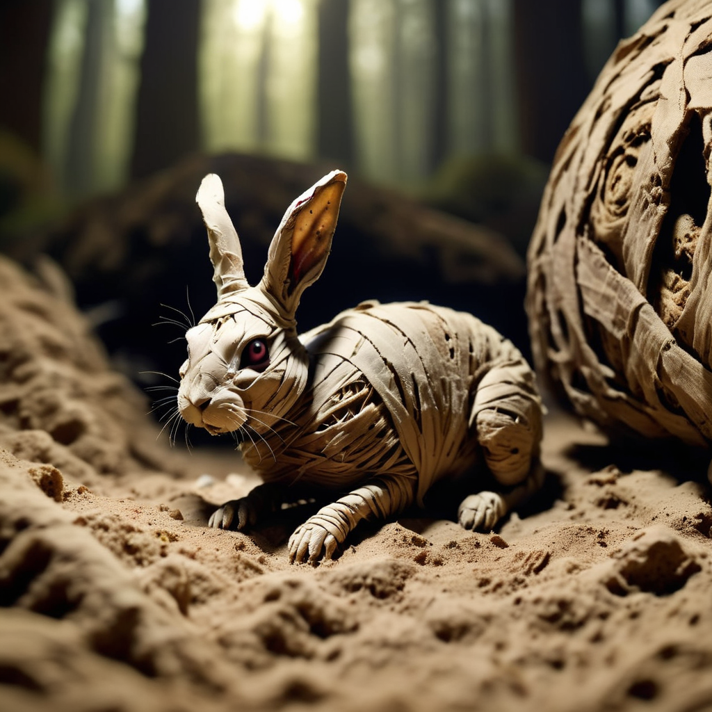 <lora:SDXL_mummy_Sa_May:1> mummy, a desiccated mummy rabbit in the forest