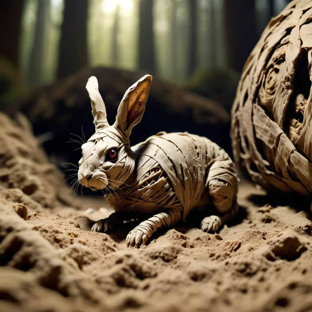 <lora:SDXL_mummy_Sa_May:1> mummy, a desiccated mummy rabbit in the forest