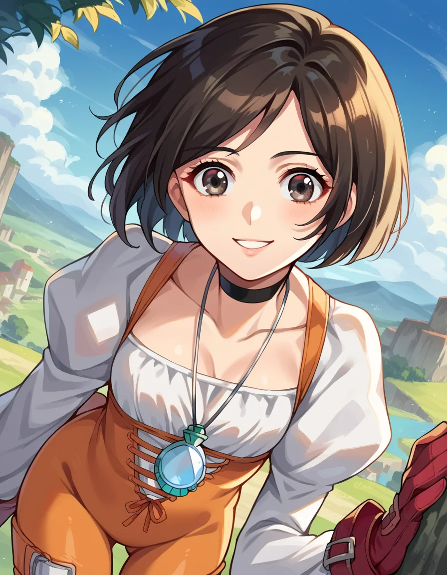 score_9, score_8_up, score_7_up, source_anime,
garnet, <lora:garnet-til-alexandros-xvii-ponyxl-lora-nochekaiser:1>,
garnet, grey eyes, short hair, swept bangs, black hair,
bodysuit, choker, gloves, jewelry, juliet sleeves, long sleeves, necklace, orange bodysuit, pendant, puffy sleeves, red gloves,
outdoors, landscape, bent over, smile,
looking at viewer, dutch angle, cowboy shot,