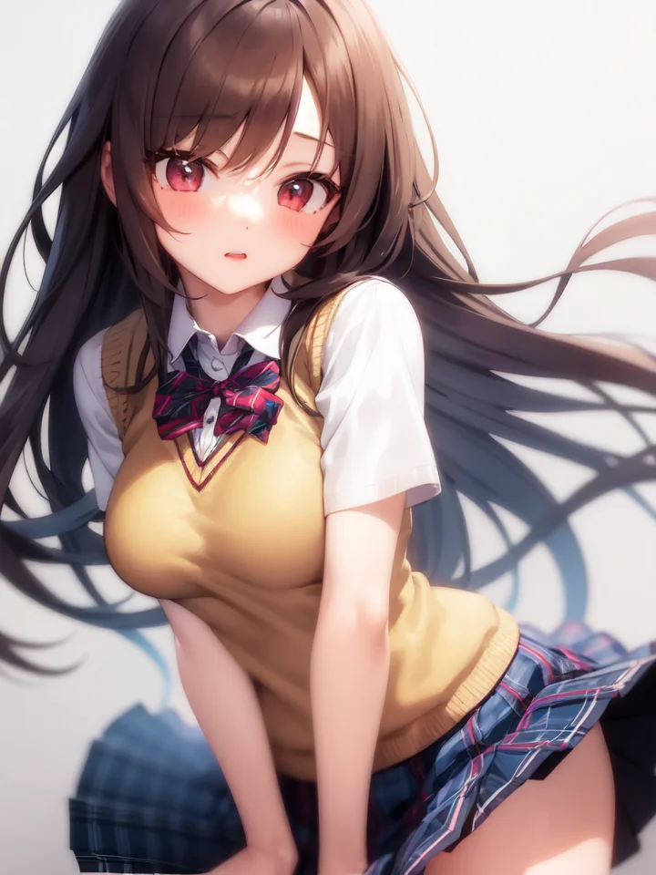 1girl, solo, (skirt tug:1.2), skirt, pleated skirt, lace trim, medium breasts, school uniform, sweater vest,