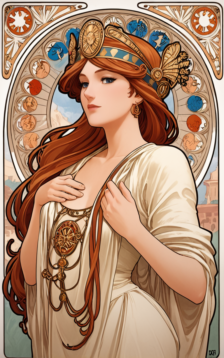 <lora:Mucha:1> mucha, art nouveau,
athena, goddess,, <lora:princess_xl_v2:0.8>
