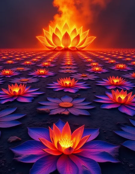 A sprawling field of burned lotus flowers lies etched into a glowing, prismatic ground. Each lotus is a flat, charred outline, but its petals radiate shifting colors that pulse like living flames. The air is filled with shimmering ash particles that swirl in hypnotic patterns, forming fractal shapes before dissolving. In the distance, a colossal burned lotus rises into the sky, its petals forming portals to other worlds.
<lora:ral-brndptch_000002000:1>