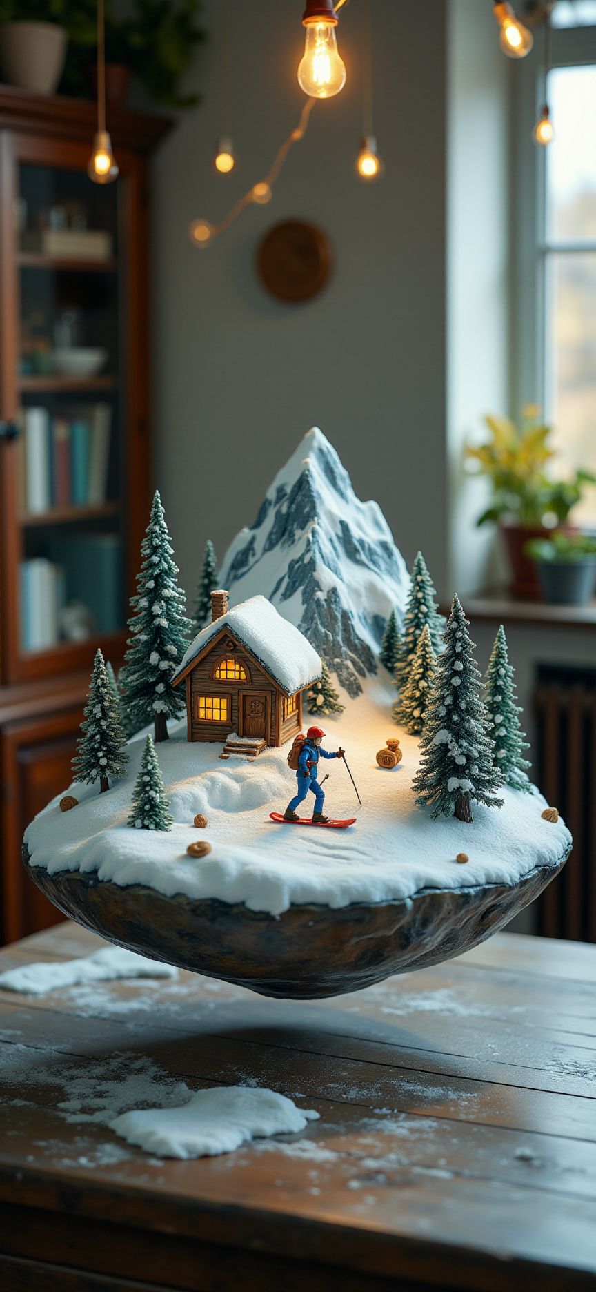 (indoor,very wide isometric view,tilt-shift lens:1.6), (windowless,fna_style,miniature,miniature,diorama,miniature,diorama,PVC,plastic:2),dawn snow,forest,slope with mountain,ski,snowboard  at (floating island,levitating  island:1.5) on (table:2) at (attic:2.5)   <lora:Diorama_Flux:1>
<lora:Fantasy_Novel_Art_Style:1>