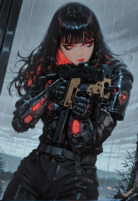 masterpiece, best quality, good quality, very aesthetic, absurdres, newest, 8K, depth of field, focused subject, A sleek cybernetic woman in black armour with glowing red highlights, fighting stance, bangs, long hair, dark eyeshadow, red lips, standing, kriss vector, aiming, submachine gun, shouldered rifle, rain softly falling in the background, dynamic angle,
,in the style of cksc,
<lora:ck-shadow-circuit-IL:1> <lora:kriss_vector_v2:1>