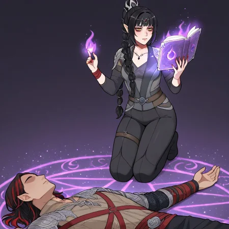 masterpiece, best quality, newest, absurdres, highres, anime, anime style, MHWW-V1.0, my hot witch wife (meme), 1girl, shadowheart \(baldur's gate\), long braid, elf, pointy ears, black hair, braid, side bangs,
magic book, book, kneeling, BREAK 1boy, faceless mal