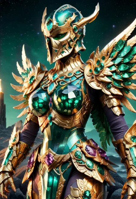 Hyperrealism, fully dressed, goddess, doing shores, night, gold detailed, galactic, (extremely detailed overall:1.5), closer, upper body, portrait, (GIGA ARMOR:1.5), gold emerald armor, lava vulcan background, full face helmet, supreme armor, amethystmorph, full body, slimmest waist, large breasts, tube armor with cleavage, thick thighs, huge wings, armor gloves,