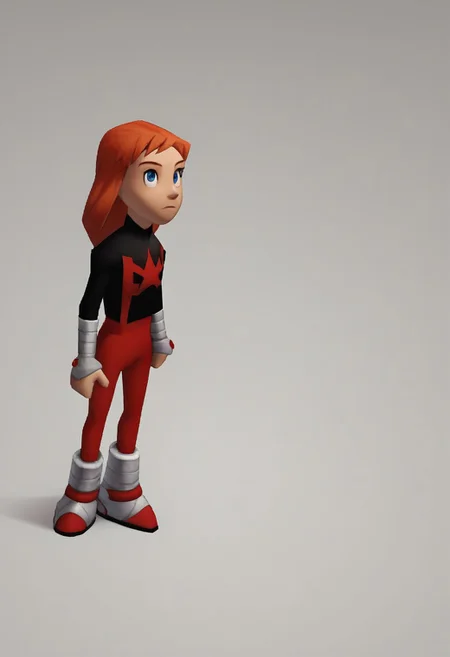score_8, score_8_up, score_7_up, source_anime BREAK, 1girl, solo,  3d, polygonal, white background, full body, julie_power, red hair, blue eyes, flat chest, super_suit, bracers, chest logo