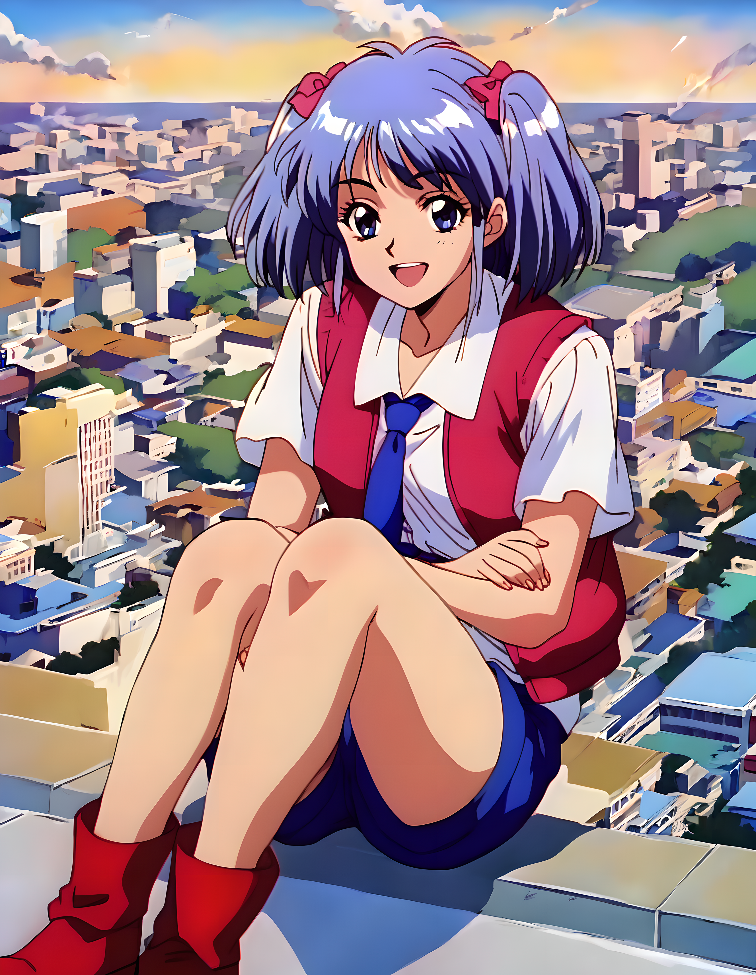 <lora:pony_xl_chipple:0.9>,chipple,score_9,score_8_up,score_7_up,source_anime,best quality,masterpiece,super fine illustration,1girl,solo,vest,white shirt,blue necktie,shorts,blue shorts,red boots,ankle_boots,smile,;d,Slightly_open_mouth,gentle smile,day,sky,the blue sky,horizon,city,cityscape,sitting,legs_together,knees_together_feet_apart,rim light,lens_flare,looking_at_viewer,