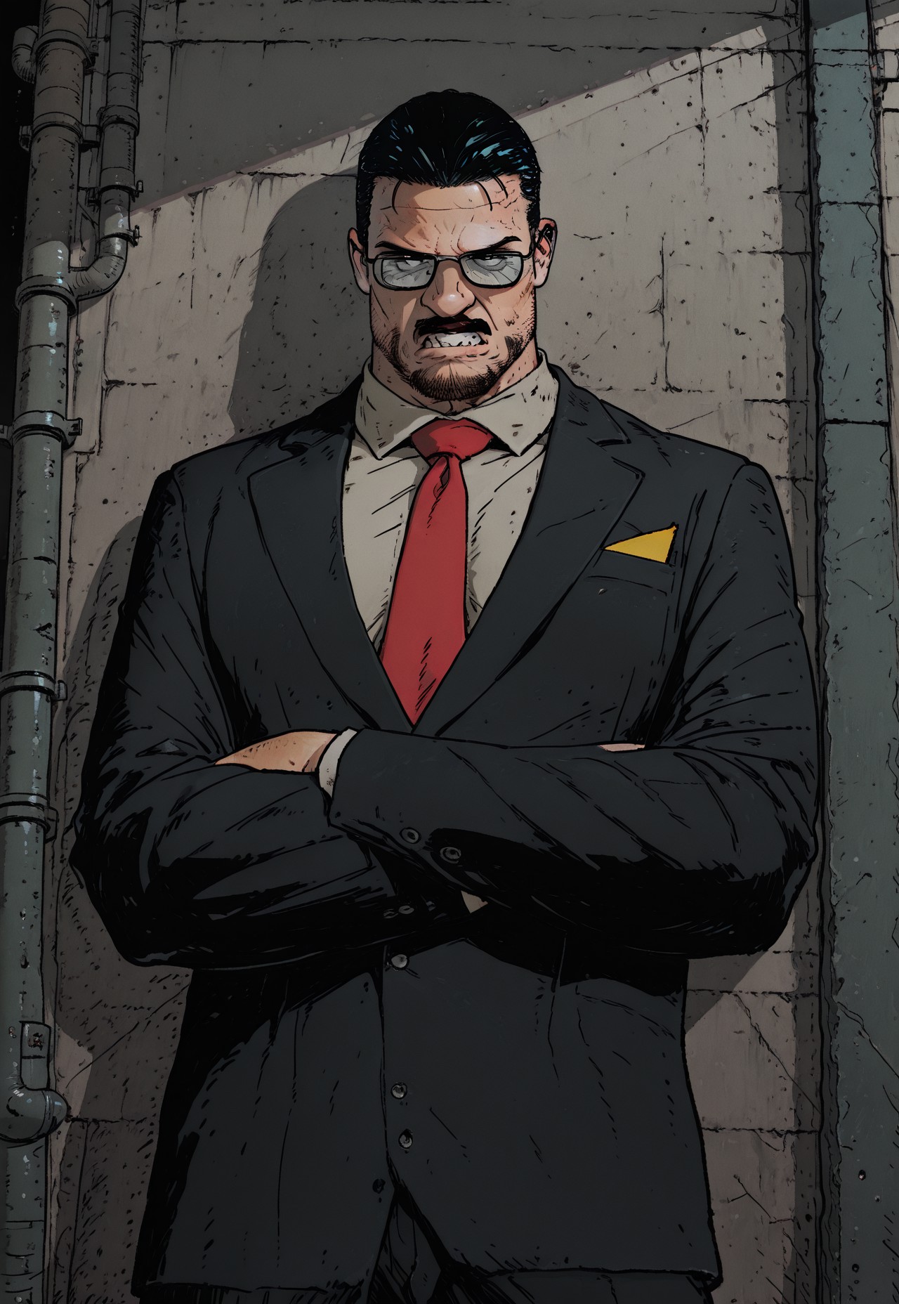 (masterpiece), (ultra-detailed, 8k, gritty cinematic style), mid shot, male pov (best quality), (ultra-detailed), noise effect. chromatic aberration, 
BREAK
1 boy,  black hair, bara, pants facial hair, mustache,  formal, suit, red necktie, collared shirt, glasses, eyes at viewer, bare breasts,no pants, portrait,   standing, arms crossed, alley lit by flickering neon, happy, clenched teeth, frown 

BREAK
urban desire at its peak, 
,
