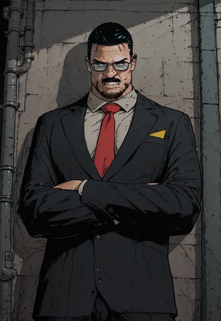 (masterpiece), (ultra-detailed, 8k, gritty cinematic style), mid shot, male pov (best quality), (ultra-detailed), noise effect. chromatic aberration,
BREAK
1 boy, black hair, bara, pants facial hair, mustache, formal, suit, red necktie, collared shirt, glasses, eyes at viewer, bare breasts,no pants, portrait, standing, arms crossed, alley lit by flickering neon, happy, clenched teeth, frown
BREAK
urban desire at its peak,
,