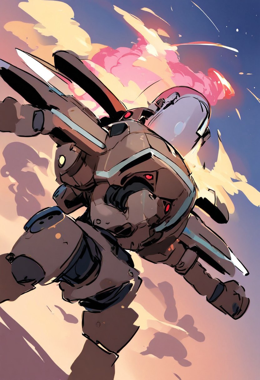 SK3, simple sketch, sharp shadows, a huge robot with pink hair blasting off into space, low-angle view, rocket smoke,