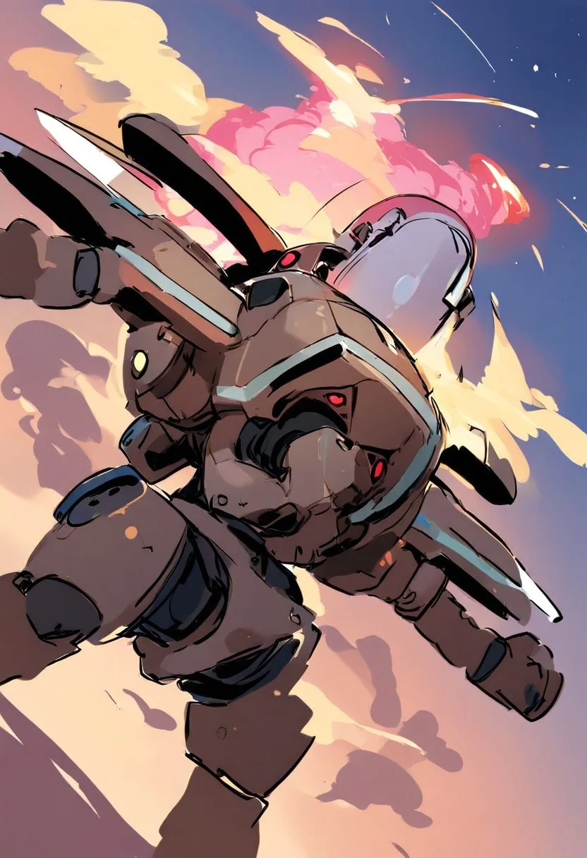SK3, simple sketch, sharp shadows, a huge robot with pink hair blasting off into space, low-angle view, rocket smoke,