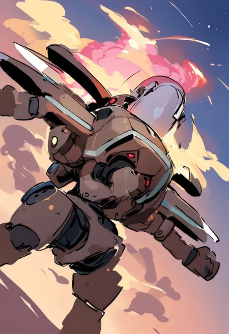 SK3, simple sketch, sharp shadows, a huge robot with pink hair blasting off into space, low-angle view, rocket smoke,