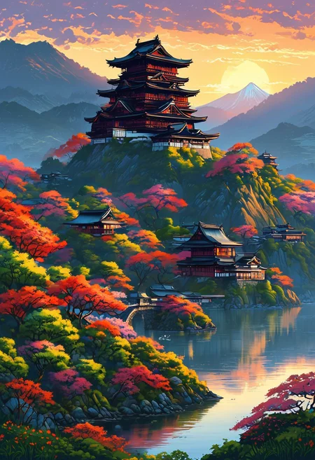 A captivating night scene illustration featuringa Japanese castle on a mountain overlooking a lake in Japan.  The castle is grand and well maintained and updated and comfortable to live in but also imposing with a great keep and walls in the Japanese style.  This enchanting artwork captures a serene and peaceful early morning, where the sun is just starting to rise over the beautiful hills and Japanese castle which  stands resolute amidst the land of Japan, creating a cinematic experience back to the times of brave Samurai warriors.
 illustration, cinematic
<lora:DonM3t3rn1tyXL-v1.1:0.7>, DonM3t3rn1tyXL,
OverallDetailXL  <lora:MJ52:0.3>  <lora:SDXLFaeTastic2400:0.4>  <lora:EpicF4nta5yXL:0.7>