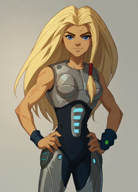 <lora:TorunnPony2.0:1> torunn, 1girl, long hair, blonde hair, solo, blue eyes, bodysuit, breastplate, smile, score_9, score_8_up, score_7_up, score_6_up, score_5_up, score_4_up, looking at viewer, hand on own hip, cowboy shot,simple background,