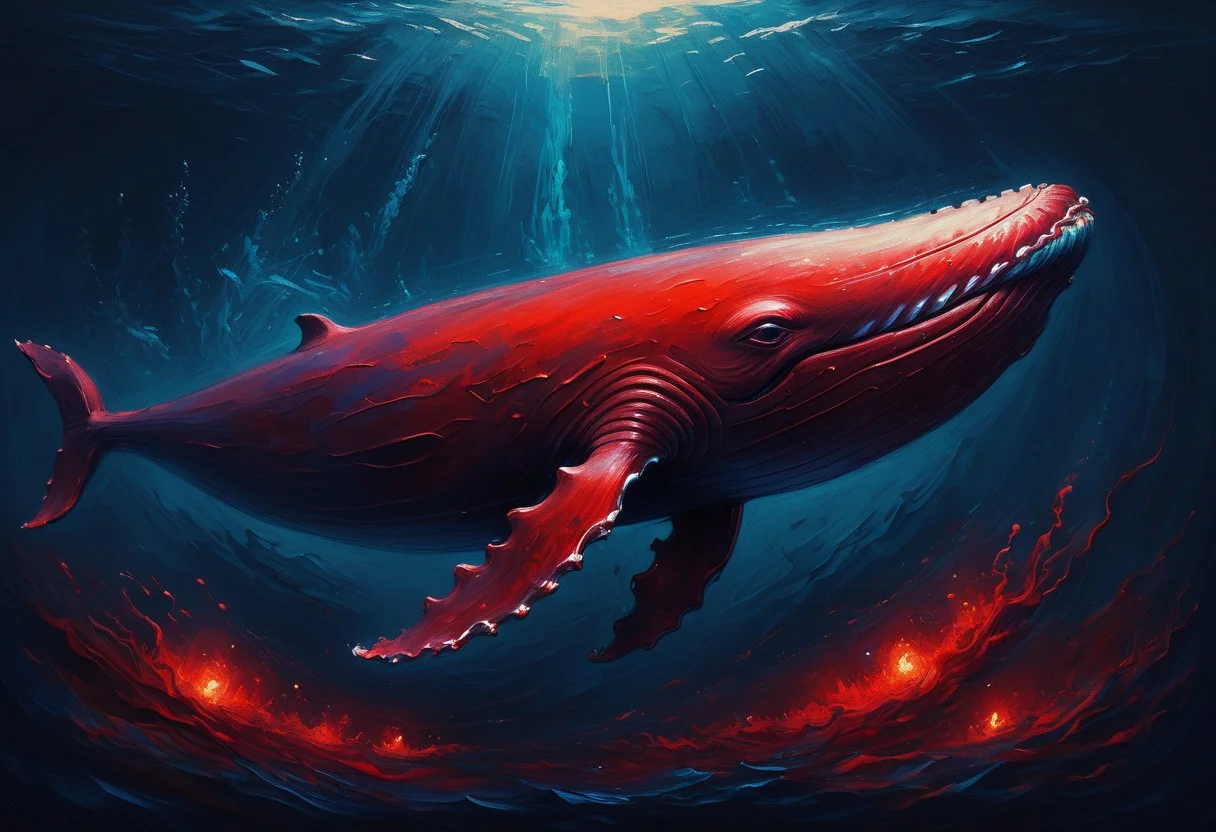 red glowing whale swimming in the deeps of the ocean,oil paint, brush strokes, canvas texture,. art in the Anato Finnstark style