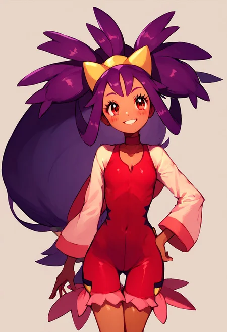 score_9, score_8_up, score_8, cute, eyelashes,
iris \(pokemon\), purple hair, long hair, red eyes, dark skin, red unitard, hand on hip,
smile, blush, cowboy shot,
detailed eyes,