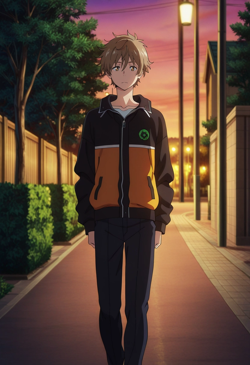 masterpiece, best quality, intricate details, anime screencap, anime coloring, official style, , 1boy, solo, male focus, <lora:shun_hashimoto_ilxl:1>, shun_hashimoto, brown hair, brown eyes, short hair, suburban neighborhood, picket fences, tree-lined streets, glowing porchlights, walking pose, nostalgic expression, dusk,