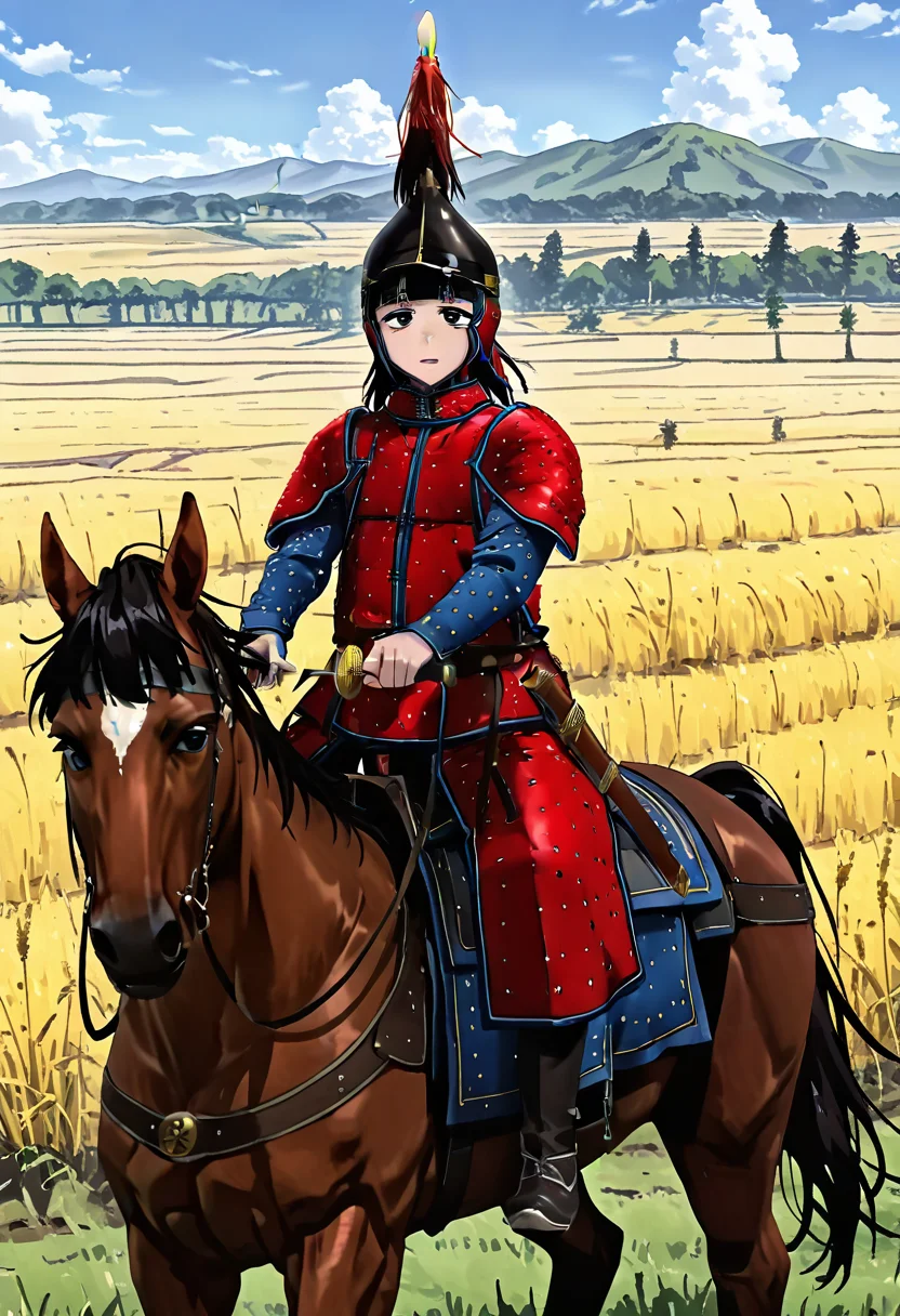 masterpiece, best quality, absurdres, detailed skin, detailed eyes, anime colored, anime screencap, anime colored,
<lora:Suzushiro_Hatsuka_IL-000008:0.8>, 1 boy, femboy, Suzushiro Hatsuka, black eyes, black hair, looking at viewer,
<lora:Qing_Dynasty_Armor:0.9>, ((qingarmor)), ((qinghelmet)), wearing helmet, plume, sword, sheath, long sleeves,
grassland, horse, riding, horseback riding,