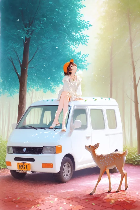 1girl, brown hair, orange cap, white long sleeved shirt, frilly sleeves, necklace, sitting on roof of car, legs crossed, green eyes,

outdoors, female deer, black eyes, expressionless, no antlers, head tilt, looking up, white speckles, walking, forest, trees, green leaves, teal leaves, spring, sunbeam, light rays, white van, orange license plate,

good quality, by natsuiro matsuri, by oharu-chan, by ashiro nanaco, traditional media, painterly, blending, sparkle, watercolor \(medium\), photo background,