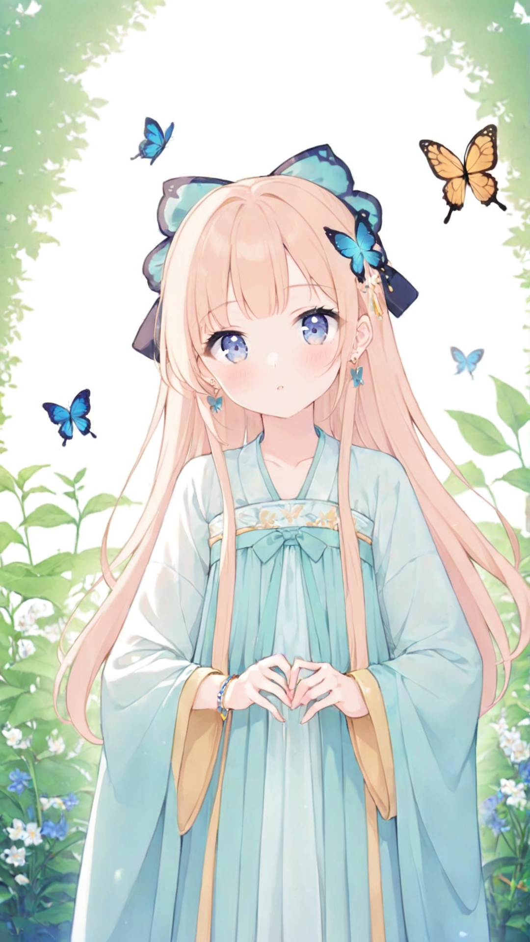 1girl,upper_body,straight on,frontal view,looking at viewer,hair_ornament,(hair bow:1.1),round face,(long hair:1.1),light_blush,hanfu,tang style outfits,butterfly,soft lighting,drop earrings,bracelet,<lora:tangStyle_sdxl_autodl_v36:0.6>,random color,flower and plant background,drooping arm,fine hands,