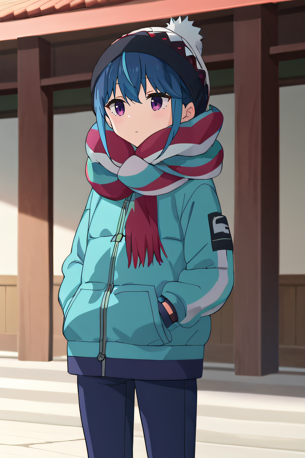 score_9, score_8_up, score_7_up, source_anime, rating_safe, intricate details, anime screencap, official style, 1girl, <lora:Shima_Rin:1>, shimarin, blue hair, purple eyes, multicolored scarf, beanie, cyan jacket, black pants, multicolored clothes, shrine, cowboy shot, outdoor, hands on pockets