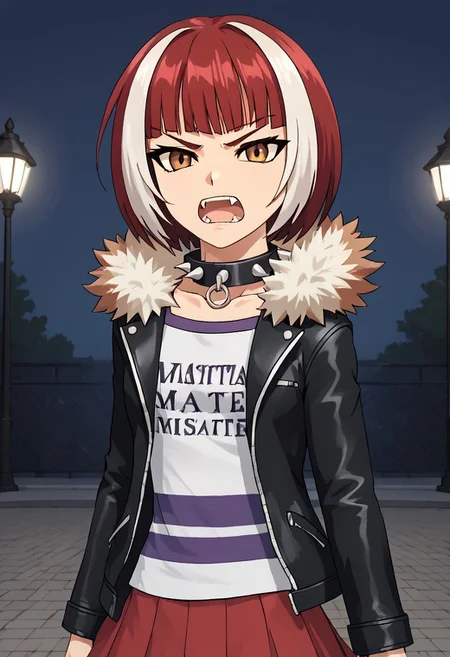 score_4,score_5,score_6,score_7_up,score_8_up,score_9
((masterpiece,best quality,ultra detailed,highres,HD,4k:1.2)),
JSK Studio,Solo girl,
Gibril(normal), 1 girl, solo, striped white hair, short hair, bob cut, bangs, multi-colored hair, red hair, fangs, teeth, brown eyes,
jacket,spikes,collar,fur trim,spiked collar,striped shirt,black jacket,shirt,studded collar,red skirt,short skirt,
Moonlight, moonlight, ight, street light
frown,open mouth,