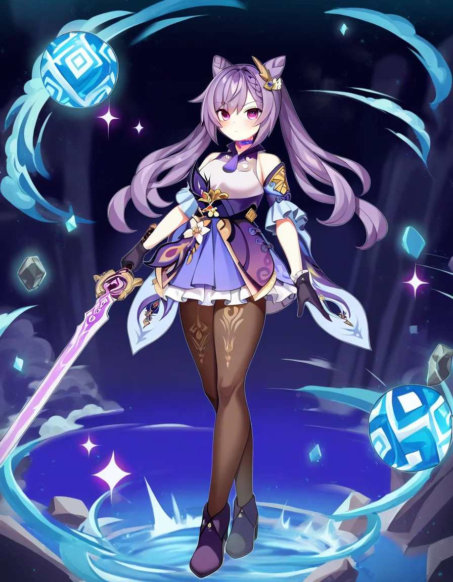 1girl, keqing \(genshin impact\), 
ddg, looking at viewer, choker, frills, holding sword, cosplay, twintails, frilled gloves, purple eyes, blush, breasts, gloves, bare shoulders, weapon, dress, black gloves, pantyhose, keqing \(genshin impact\) \(cosplay\), standing, holding, closed mouth, short dress, long legs, hair bun, sword, double bun, detached sleeves, cone hair bun, black pantyhose, solo, braid, hair ears, full body, hair ornament, long hair, holding weapon, purple choker, medium breasts,
masterpiece, best quality, very aesthetic, newest, absurdres, incredibly absurdres
 <lora:ddg-000028:1>