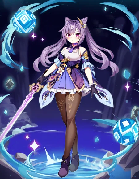 1girl, keqing \(genshin impact\),
ddg, looking at viewer, choker, frills, holding sword, cosplay, twintails, frilled gloves, purple eyes, blush, breasts, gloves, bare shoulders, weapon, dress, black gloves, pantyhose, keqing \(genshin impact\) \(cosplay\), standing, holding, closed mouth, short dress, long legs, hair bun, sword, double bun, detached sleeves, cone hair bun, black pantyhose, solo, braid, hair ears, full body, hair ornament, long hair, holding weapon, purple choker, medium breasts,
masterpiece, best quality, very aesthetic, newest, absurdres, incredibly absurdres
<lora:ddg-000028:1>