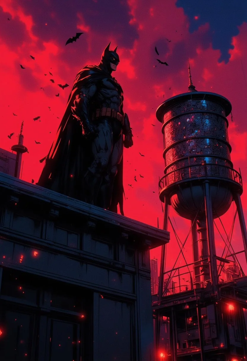 Batman is positioned prominently on a building rooftop, looking down over the city in a vigilant stance.
He wears his black suit, complete with a cape that flows down his back, creating a silhouette effect against the night sky.
The sky is tinged with a moody blend of dark red and purple tones, creating an intense,
Stars are faintly visible in the night sky,
A flock of bats is shown flying around Batman,
The rooftop Batman stands on has a modern industrial look, with large windows that are darkened, suggesting it is late at night.
To the right of Batman, a tall, cylindrical water tower with a mosaic-like pattern stands on a metal frame. The water tower
The light source behind Batman casts a dramatic glow, giving him a backlit effect and making him the focal point of the image.
The color palette is dominated by shades of dark red, purple, and black, creating a noir-inspired, intense ambiance.