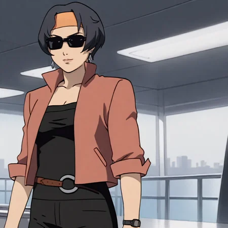 <lora:Haruka_pony_v1:1>HarukaSunglasses, 1girl, sunglasses, short hair, black hair, red jacket, watch, wristwatch, belt, jewelry, black shirt, black pants, breasts, cleavage, headband,  cowboy shot