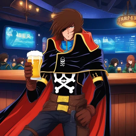 anime artwork a full body man, solo, cape, brown hair, scar, black gloves, having a beer in a spaceopera tavern<lora:Albator1024_r1:0.8> . anime style, key visual, vibrant, studio anime, highly detailed