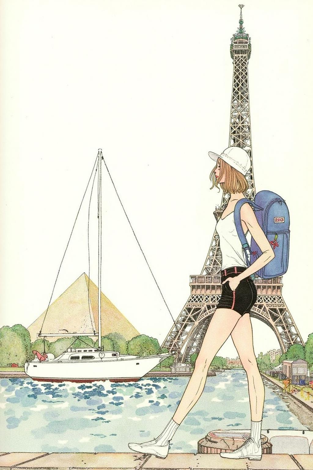 kaynielsen1 illustration.
A woman in a white tank top and black shorts. She is wearing a white baseball cap. She has a blue backpack on her back. Behind her is the Eiffel tower. To the left of the woman is a white sailboat. Behind the sailboat is a pyramid 
 <lora:kaynielsen1_d8a4e12:1.0><lora:866147341680259428:0>