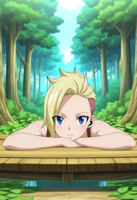 masterpiece, best quality, anime screencap, anime coloring, official style, , looking at viewer, 1girl, light blue eyes, honey blonde hair, undercut pixie, ,, solo, forest village, tree houses, leaf paths, wooden bridges, daily pose, content expression, morning, <lora:fairy_tail_style_ilxl:1>, fairy_tail_style,