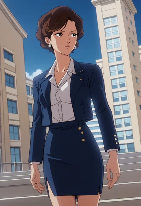 score_9, score_8_up, score_7_up, score_6_up, anime screencap, anime coloring, <lora:G0080T:0.9>, G0080T, 1girl, solo, brown eyes, brown hair, short hair, earrings,
blue jacket, closed jacket, suit, blue skirt, pencil skirt, 
looking away, dutch angle, cowboy shot, 
BREAK outdoors, building, blue sky, sunbeam,