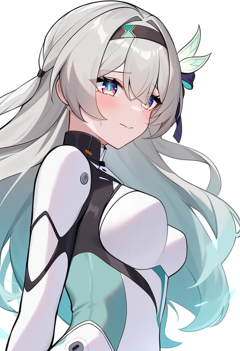 <lora:firefly_V3:1>,firefly_\(ar-26710\)_\(honkai:_star_rail\), black_bow, small_breasts, white_bodysuit, 1girl, absurdres, firefly_\(honkai:_star_rail\), hair_bow, highres, blush, black_hairband, pilot_suit, upper_body, bug, solo, official_alternate_costume, white_background