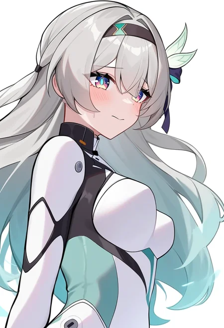 <lora:firefly_V3:1>,firefly_\(ar-26710\)_\(honkai:_star_rail\), black_bow, small_breasts, white_bodysuit, 1girl, absurdres, firefly_\(honkai:_star_rail\), hair_bow, highres, blush, black_hairband, pilot_suit, upper_body, bug, solo, official_alternate_costume, white_background