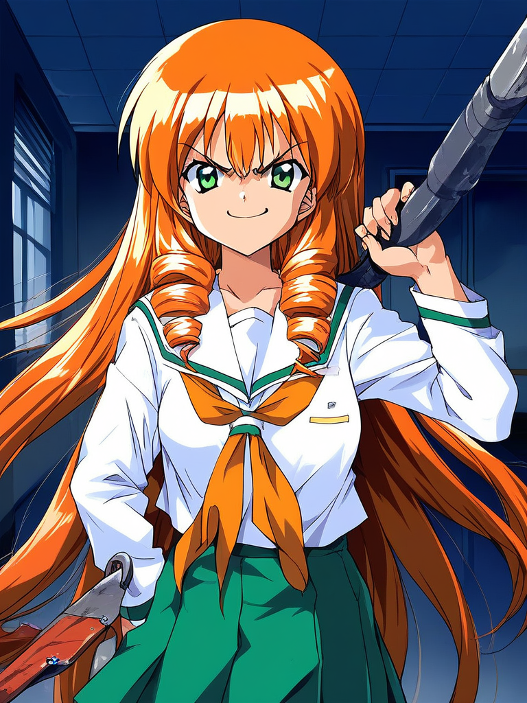 score_9, score_8_up, score_7_up, source_anime, rating_explicit, BREAK  <lora:Akai_Homura_XL:1> Akai_Homura, very long hair, green eyes, orange hair,
1girl, solo, angry, looking at viewer, school uniform, skirt, smile, weapon, drill,
room, night, school,