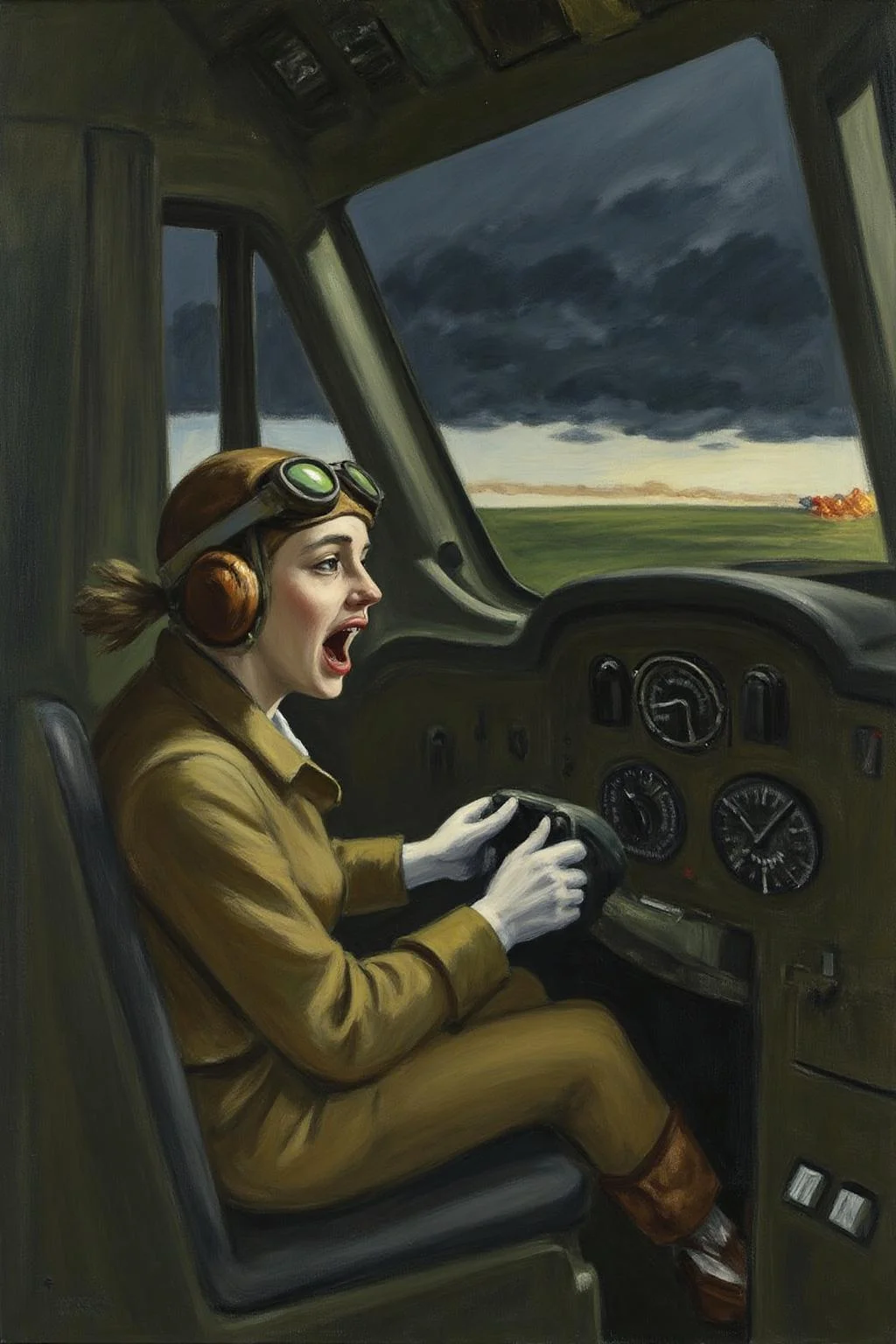 edwardhopper1 painting.
A female pilot screaming inside the cockpit of a World War II bomber. The pilot, wearing a vintage leather flight helmet with goggles and a bomber jacket, grips the controls with white-knuckled hands. Her face is contorted in a mix of fear and determination as she yells, her eyes wide with adrenaline. The cockpit is cramped and filled with old-fashioned dials and gauges, with the outside view showing dark stormy clouds and distant anti-aircraft fire <lora:edwardhopper1_cap_d8a4e11:1.0><lora:847364386690439955:0>