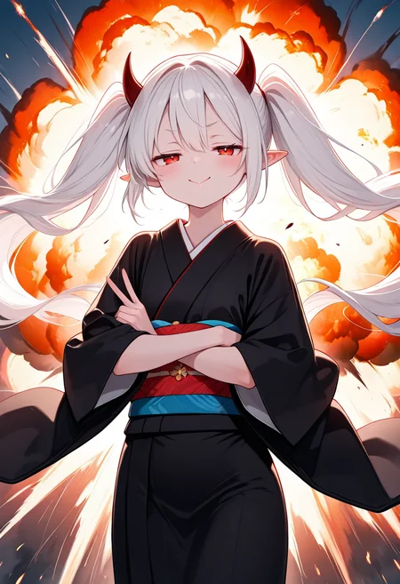 masterpiece,best quality,amazing quality,very aesthetic,absurdres,newest, highres,very awa, <lora:Yuki-Usagi_SDXL:0.8>, 1girl, yuki_usagi, long hair, red eyes, twintails, white hair, horns, pointy ears, albino, japanese_clothes, black_kimono, obi, sash, explosion, explosive, crossed arms, hand up, v, :>, half-closed eyes, jitome, doyagao, smug, floating hair, wind, looking at viewer, <lora:illexplosion_i10_v100:1>