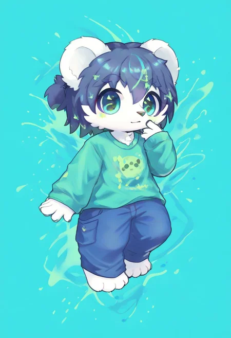 score_9, score_8_up, male, solo, full body, digital art, highly detailed, <lora:CuteMixPDv4:1>, zPDXL2, zPDXLpg, zPDXL, bear, green shirt, big eyes, large pupil, look at viewer, furry, kemono, cute, anthro, zavy-splsh, paint splash, green paint splash, dreamful background, white fur, white body, 1boy, pure blue eyes
